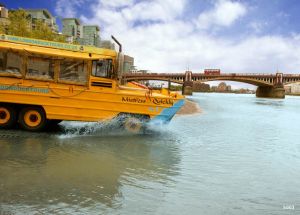 The amphibious vehicle used by London Duck Tours on the roads and river