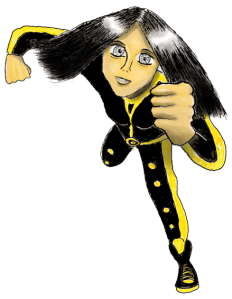 Drawn female comic character running, wearing a black and yellow superhero style outfit