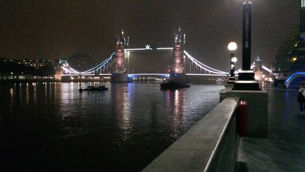 Tower Bridge lit up at night