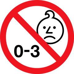 red circle with a red line running along its diameter at a 45 degree angle. Inside the circle is a cartoon of a child's face and text that reads '0-3'