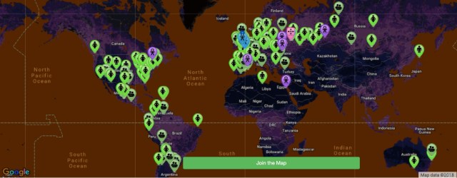Map of the world with markers to show the locations of people with aniridia. Most are in the UK, Europe, and North & South America, but there are a few in places like Russia, Japan & Australia as well.