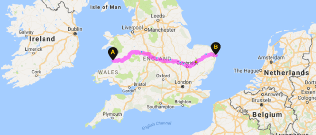 Map showing Matt's route across the country from Aberystwyth to Great Yarmouth.