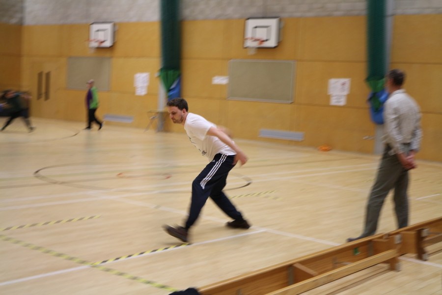 James practising bowling a goalball