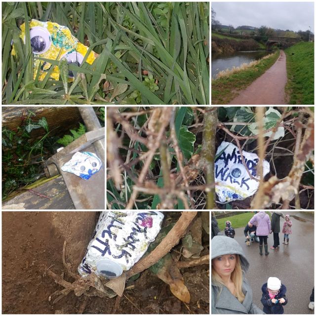 Collage of photos showing rocks decorated in different colours by Scarlett, one saying Aniridia Walk. One photo shows the view along a grass-lined path by the river, and another shows Rachel and Scarlett together.