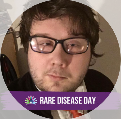 Aaron pictured with a frame of a purple banner below his face. Rare Disease Day and logo