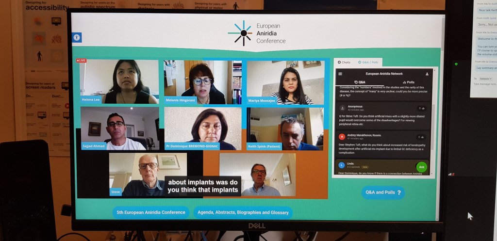 Monitor showing panel of 9 European Aniridia Conference speakers and chat system