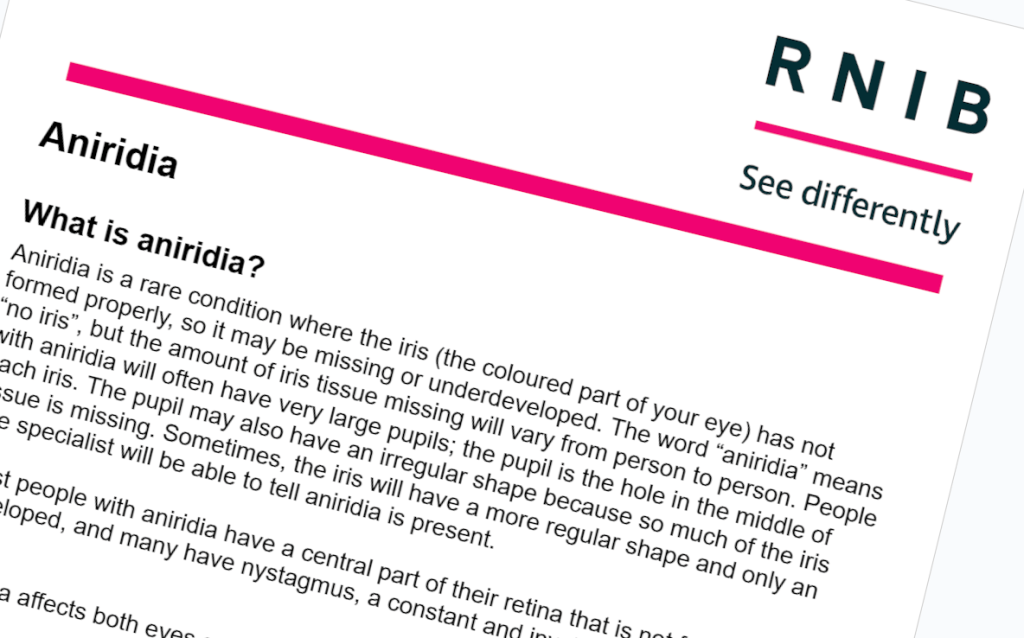 Skewed screenshot of the RNIB aniridia factsheet