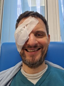 James with a dressing taped over his eye